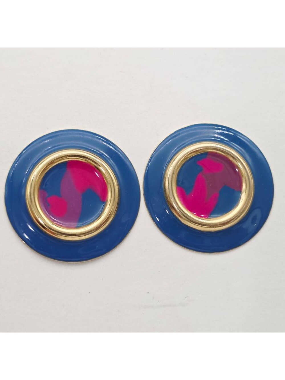 Round Enamel Blue & Pink Gold-Tone Clip-On Earrings Vintage Statement 1.5"